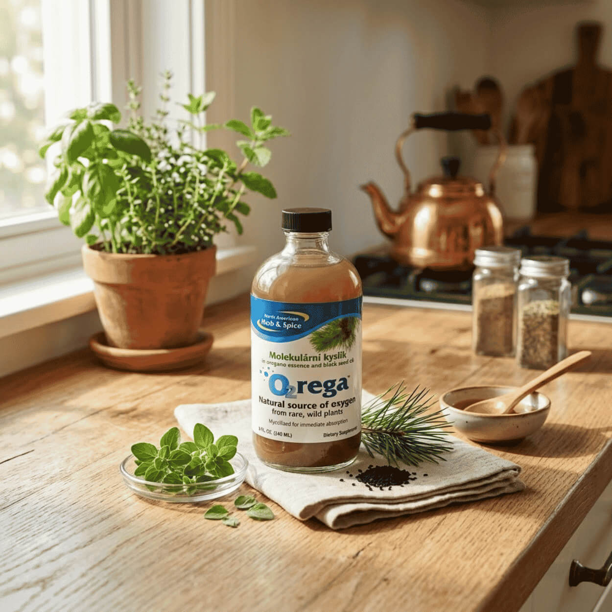 On a sunlit wooden kitchen counter stands a glass bottle of 'O2rega', placed on a linen cloth next to a sprig of pine, black seeds, a bowl of honey, and fresh oregano.